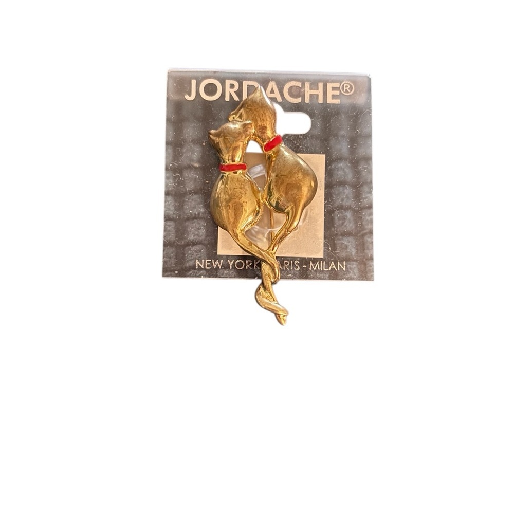 Vtg Jordache Cats Silhouette Gold Tone Lapel Hat Pin Brooch 2.5” Cat Lover
